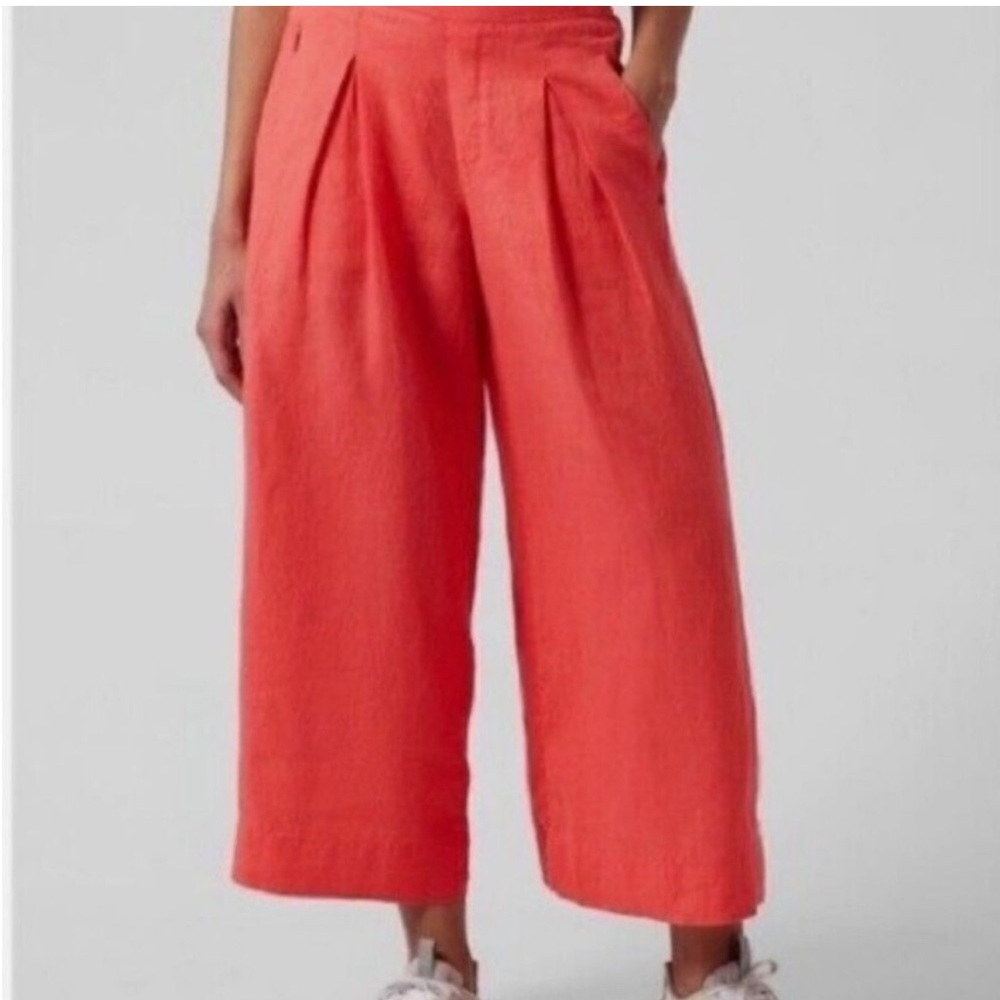 Athleta Wide-Leg linen pleated Crop Pants in Coral 4t tall beach coastal